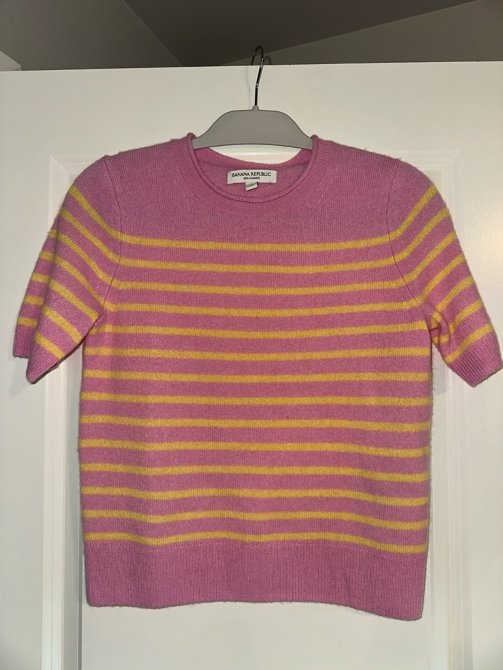 Banana Republic Pink 100%  Cashmere Sweater with Yellow Stripe
